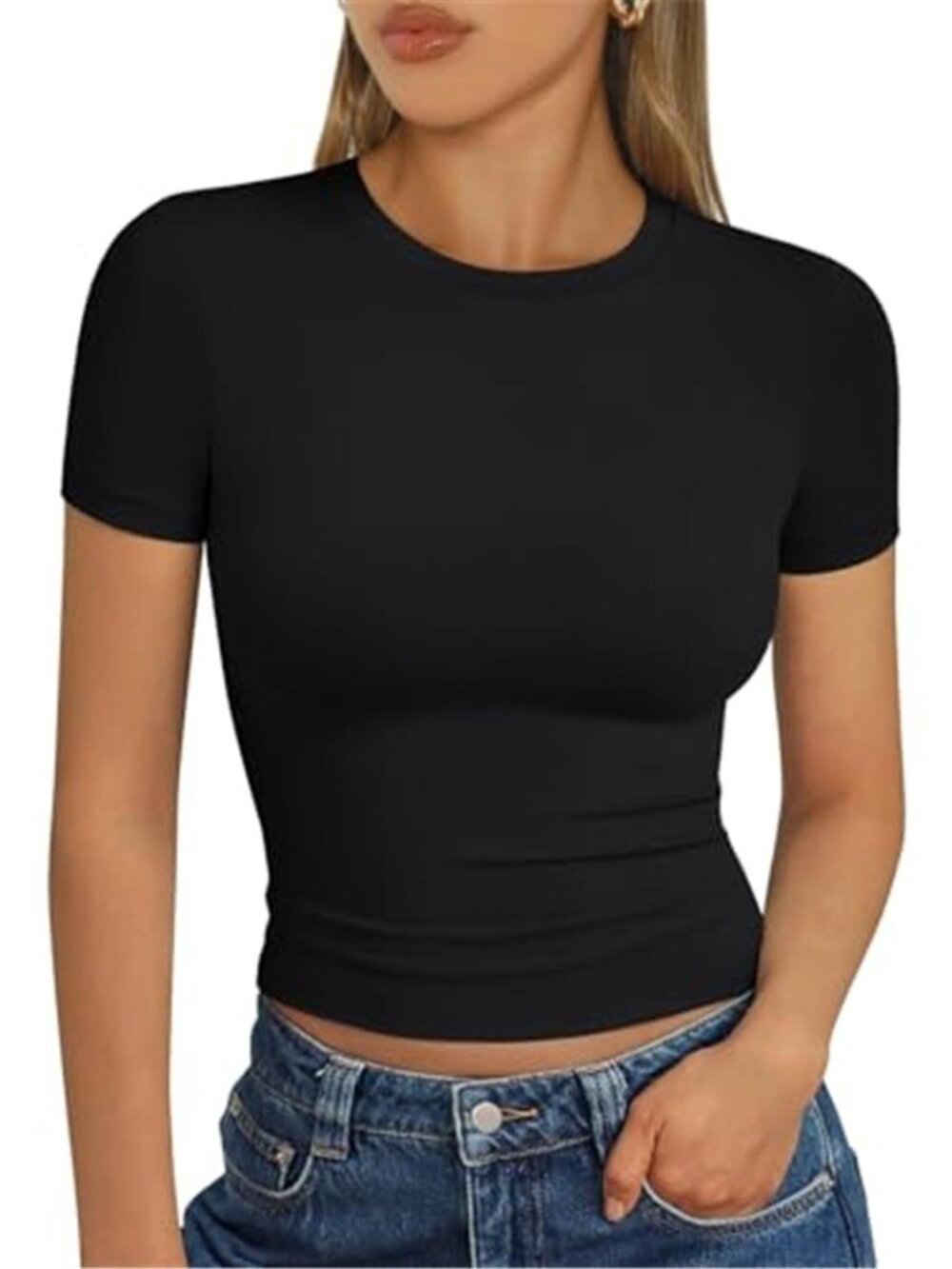Buttery Soft Short Sleeve Tee Slim Fit Stretch Basic Top Black Summer Shirt